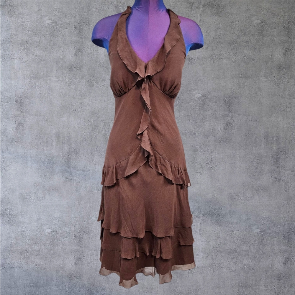 Signature by Sangria Brown Ruffled Halter Mini Dress